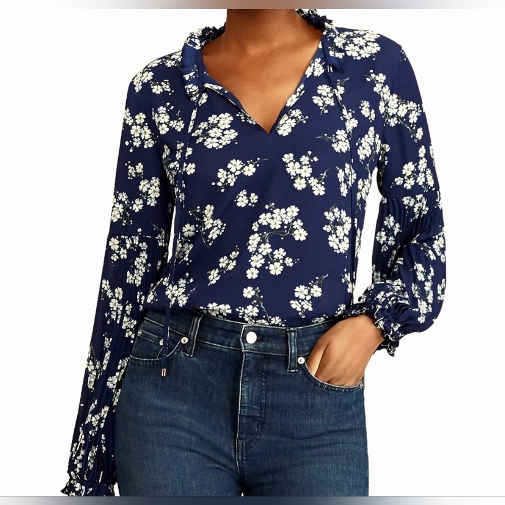 Lauren Ralph Lauren Navy Blue Floral Print Pullover Peasant Blouse Plus Sz 1X